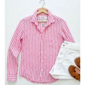 Frank & Eileen Pink & White Striped Linen Button-Down